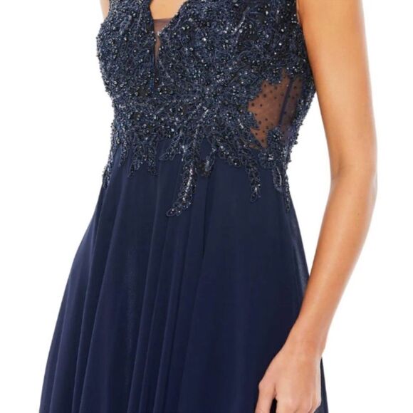 Mac Duggal 20264 Appliquéd Cap Sleeve Embellished Bodice Navy Flowy 16 NEW $598 - Picture 3 of 6
